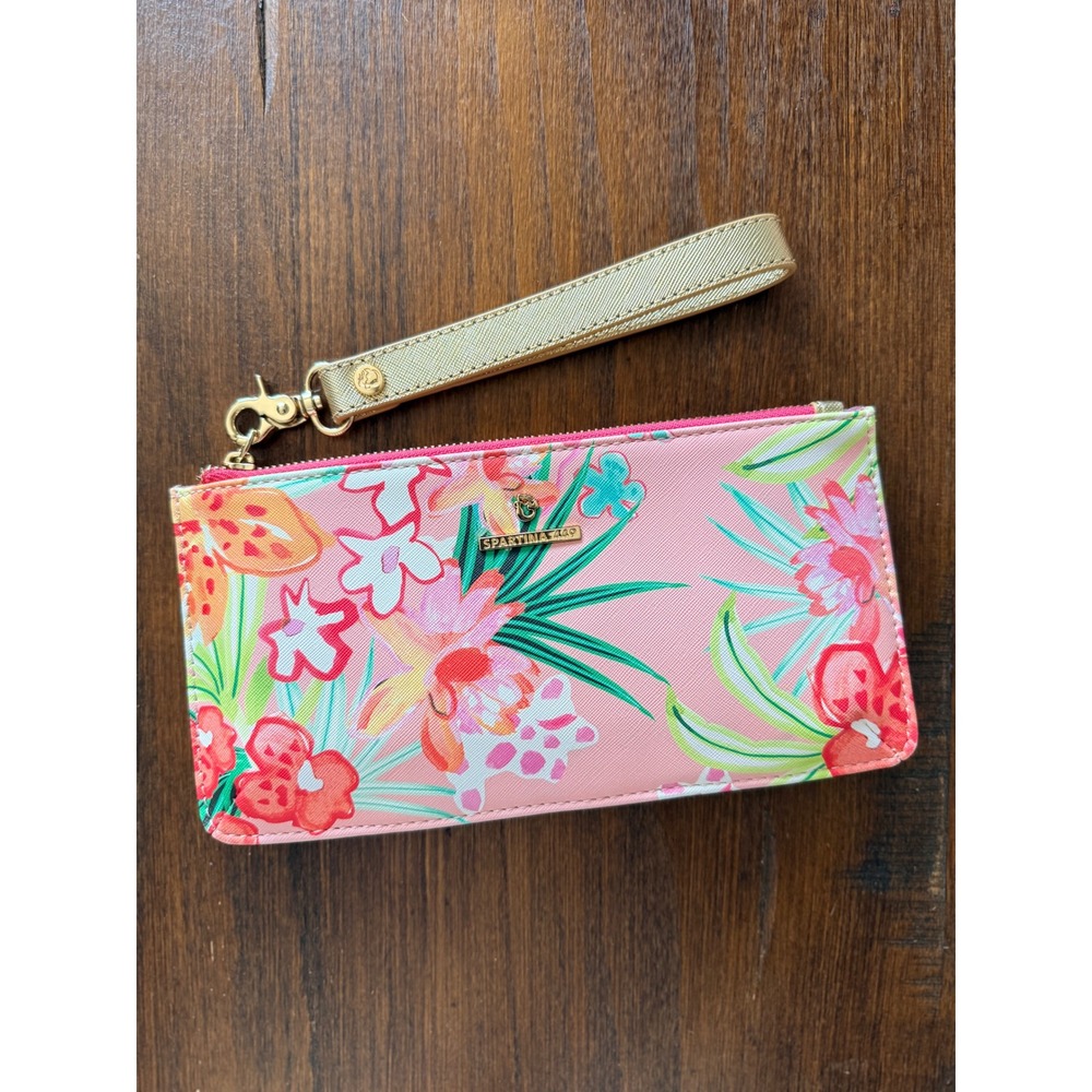 Spartina 449 Flamingo Floral Retreat East West Wristlet Pink Gold Strap